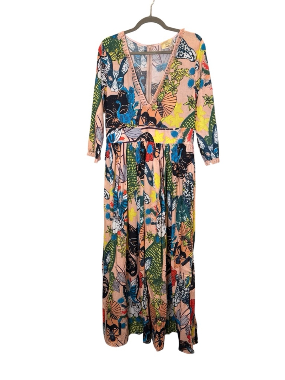 DX Collection Italy Multicolor Abstract Wildlife Scene V-Neck Maxi Dress sz M